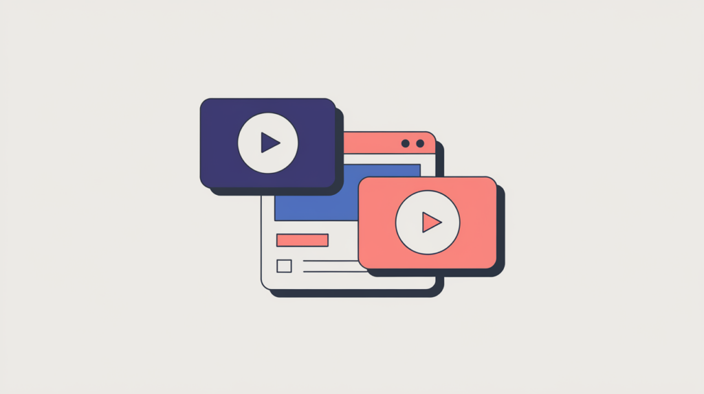 Abstract illustration of two video embeds being counted into a single total, in RankGear indigo and coral.