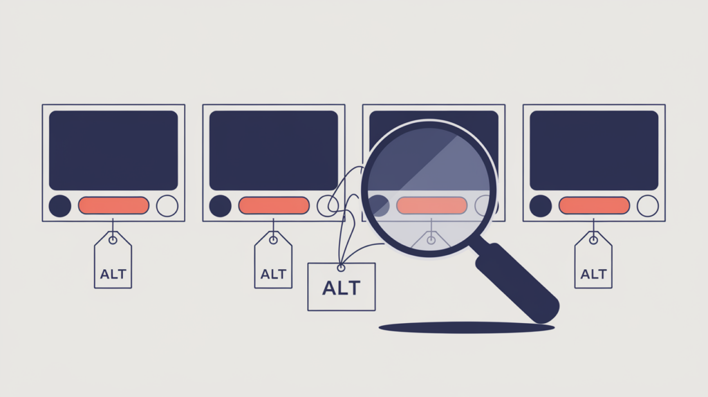 Abstract illustration of image frames with alt-text tags being scanned for keyword variations, in RankGear indigo and coral.