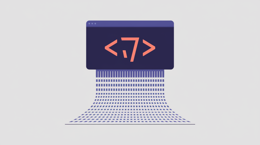 Abstract illustration of a page head declaring its character encoding, with unicode glyphs resolving into an ordered grid, in RankGear indigo and coral.
