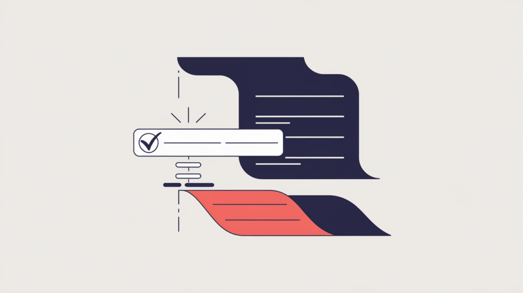 Abstract illustration of a meta description tag being detected in a document head, in RankGear indigo and coral.