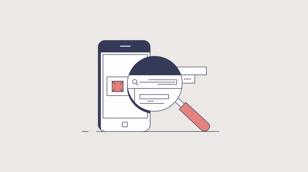 Abstract illustration of a viewport detector inspecting a generic head id marker instead of a mobile viewport tag, in RankGear indigo and coral.