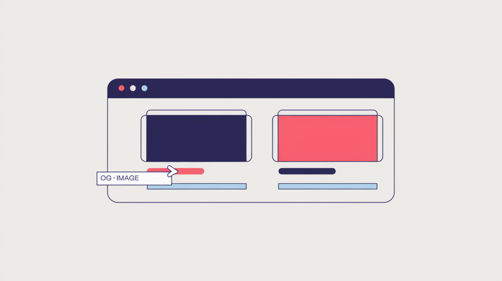 Abstract illustration of an OpenGraph image tag filling a social share preview card, one slot filled and one empty, in RankGear indigo and coral.