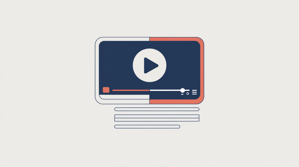 Abstract illustration of an og:video meta tag producing a social share preview with a play button, in RankGear indigo and coral.