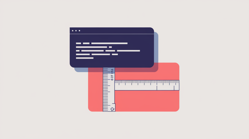 Abstract illustration of a meta description measured as a length of character blocks against ranking pages, in RankGear indigo and coral.