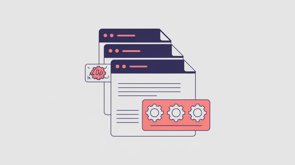 Abstract illustration of counting meta generator tags in a document head, gear-marked chips with a tally badge, in RankGear indigo and coral.