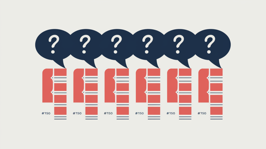 Abstract illustration of an exact phrase recurring inside several parsed question bubbles being tallied, in RankGear indigo and coral.