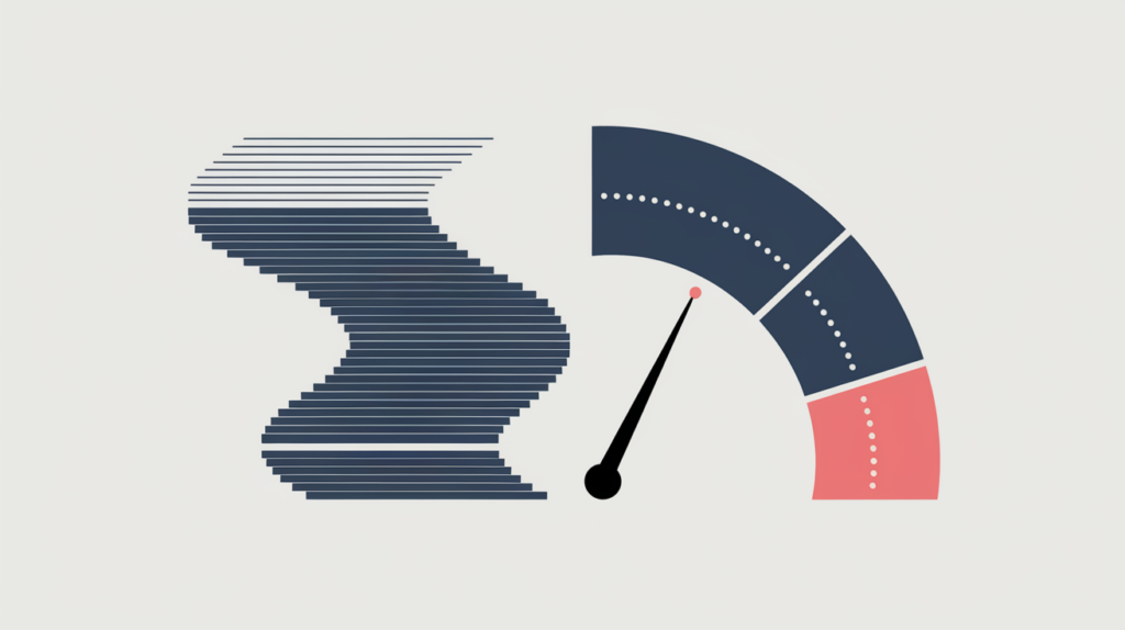 Abstract illustration of a readability gauge measuring sentence length and syllable density in prose, in RankGear indigo and coral.