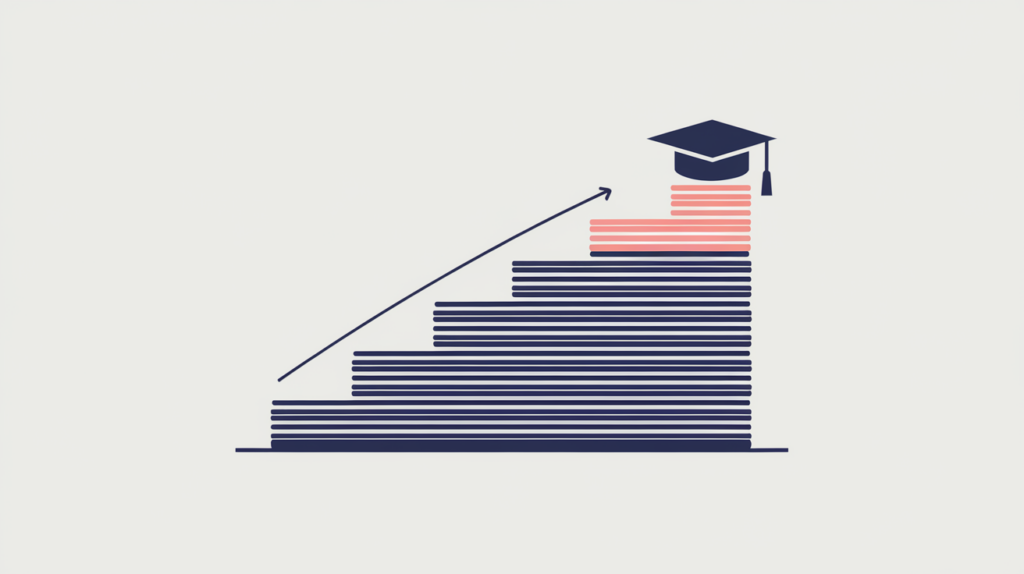 Abstract illustration of ascending reading-difficulty steps rising toward a grade-level marker, in RankGear indigo and coral.