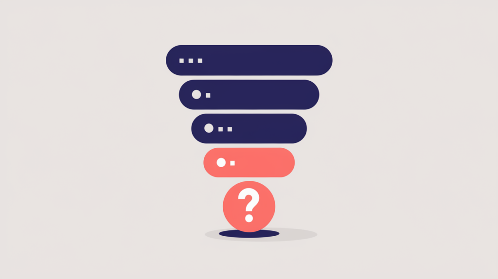 Abstract illustration of a stack of page headings with one heading marked as a question, in RankGear indigo and coral.