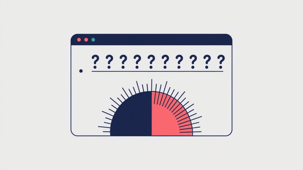 Abstract illustration of a search snippet's meta description made of question marks being counted past one, in RankGear indigo and coral.