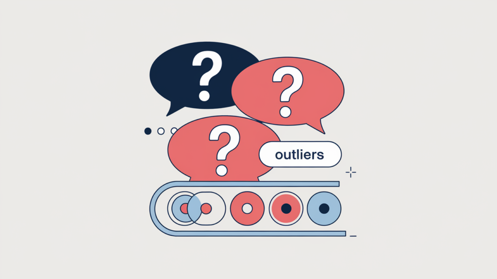 Abstract illustration of question-mark speech bubbles being counted on a page, in RankGear indigo and coral.