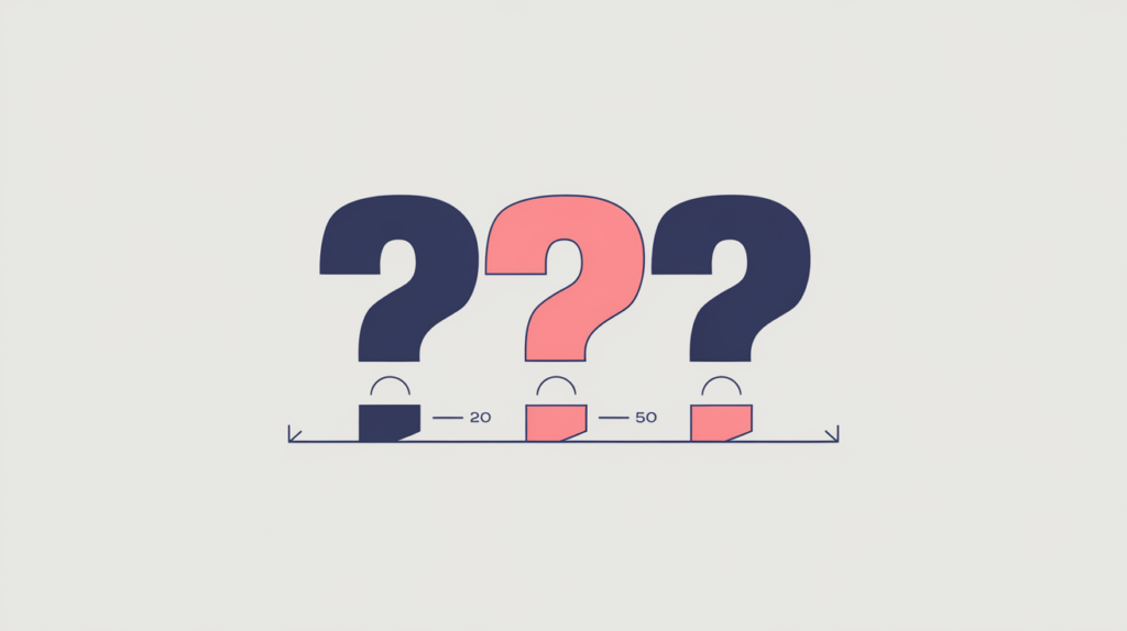 Abstract illustration of H2 heading bars ending in question marks being counted on a page, in RankGear indigo and coral.