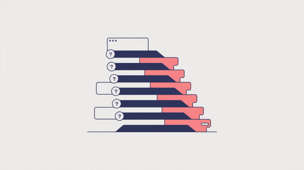Abstract illustration of indented heading bars with question marks on the third level being counted, in RankGear indigo and coral.