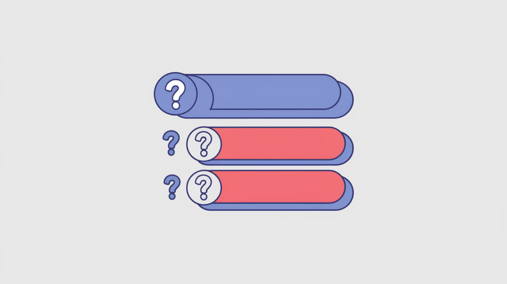 Abstract illustration of question-mark tagged fourth-level headings counted within a document outline, in RankGear indigo and coral.