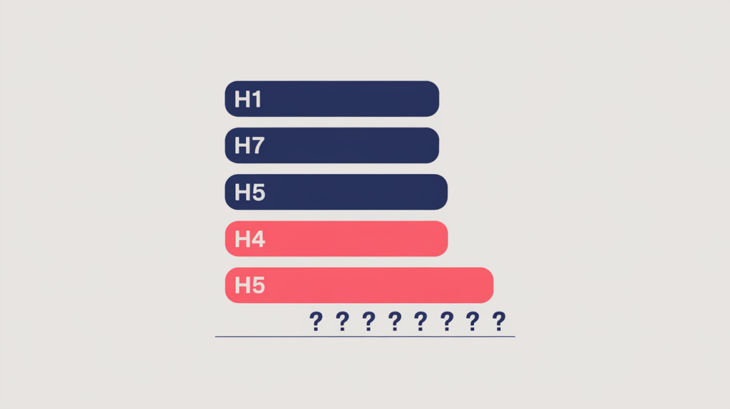 Abstract illustration of a descending heading hierarchy whose deepest fifth-level H5 bars carry question marks being counted, in RankGear indigo and coral.