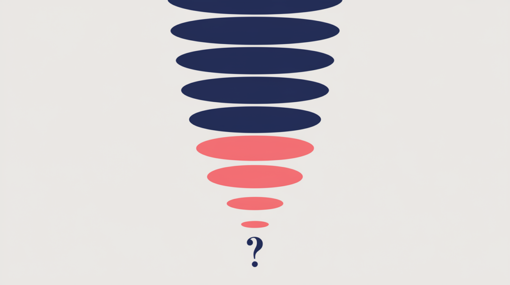 Abstract illustration of a six-level heading hierarchy with a question mark at the deepest H6 level, in RankGear indigo and coral.
