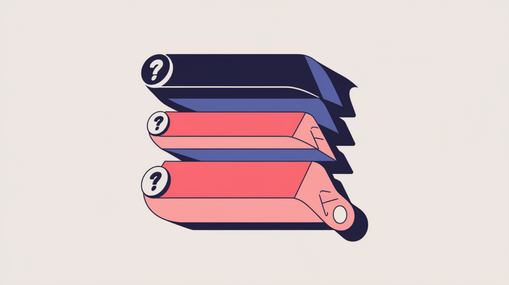 Abstract illustration of stacked page headings with question marks being counted, in RankGear indigo and coral.