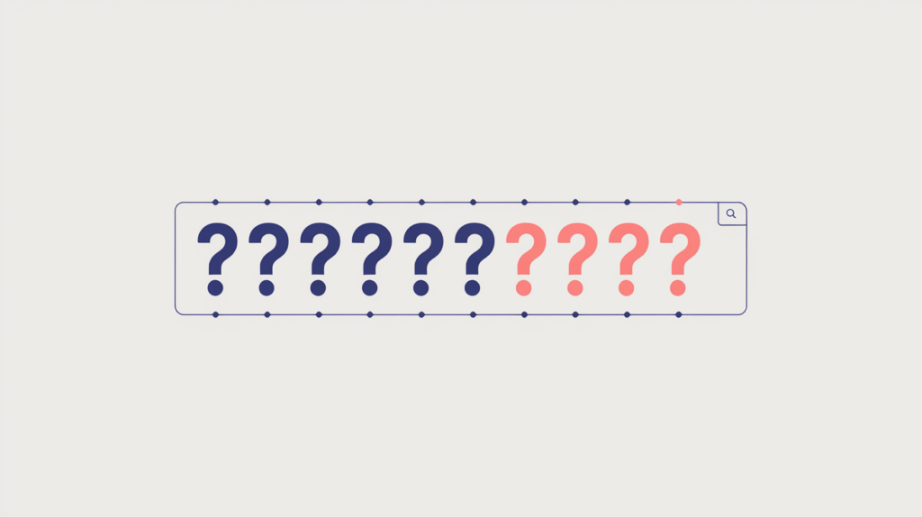 Abstract illustration of question-word detection inside a page title, in RankGear indigo and coral.