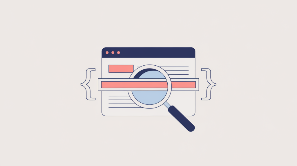 Abstract illustration of a scanner detecting a legacy entry-title heading class on a document, in RankGear indigo and coral.