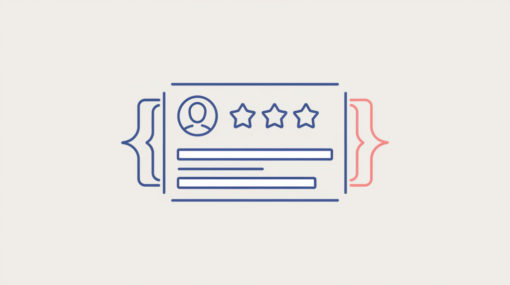 Abstract illustration of an h-review microformat review card wrapped in an HTML class tag, in RankGear indigo and coral.