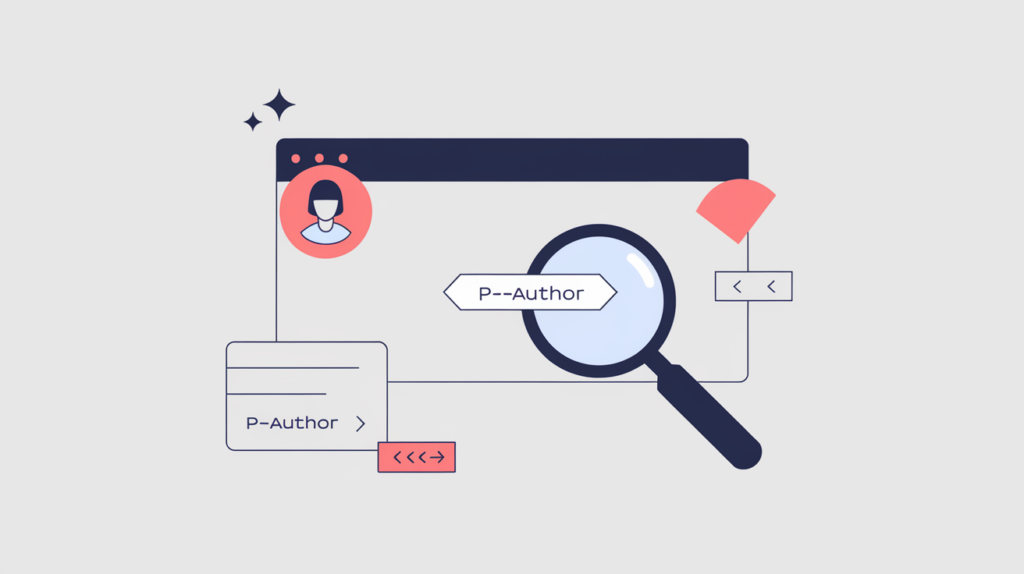 Abstract illustration of a p-author authorship attribute being detected inside HTML markup, in RankGear indigo and coral.