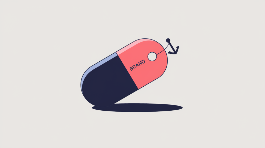 Abstract illustration of a product brand label marked up as a distinct Microformats property, in RankGear indigo and coral.