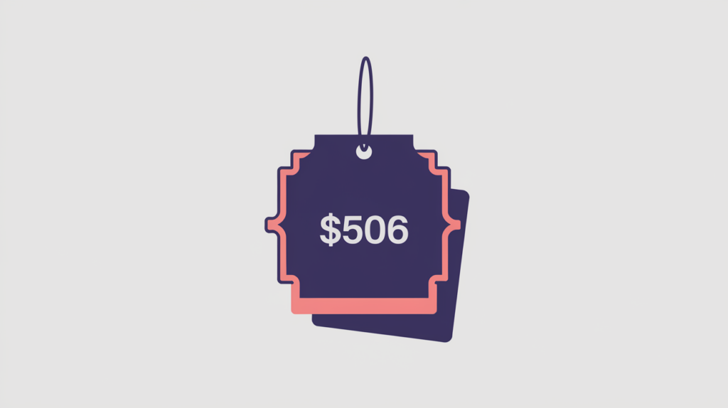Abstract illustration of a product price tag wrapped in a p-price markup bracket around only the price value, in RankGear indigo and coral.