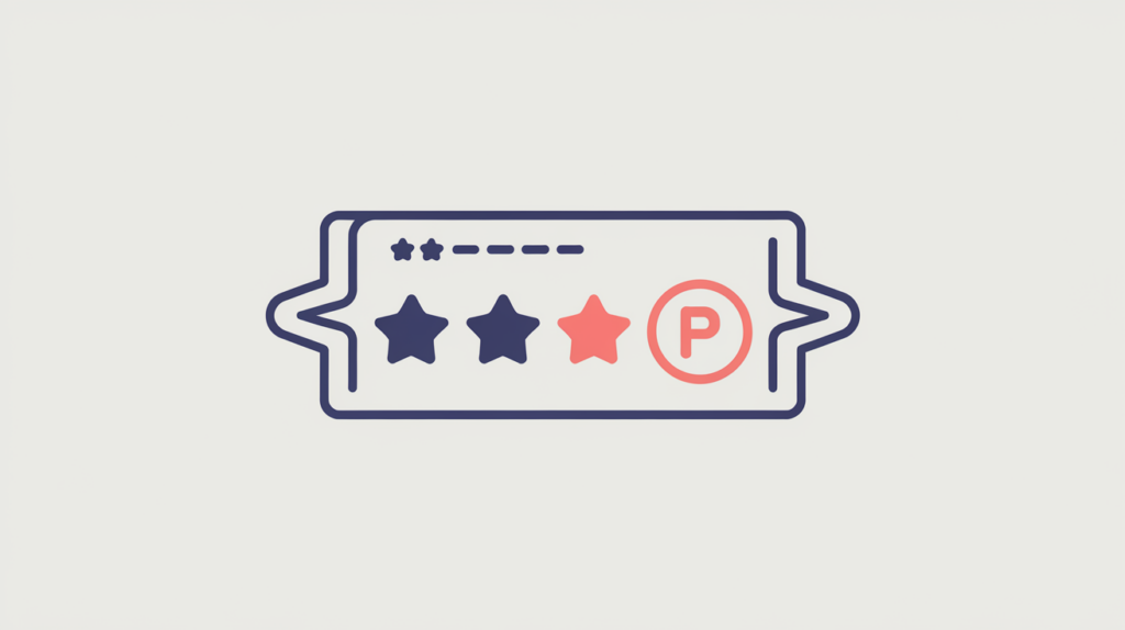Abstract illustration of a star rating card marked up as a p-rating microformat property, in RankGear indigo and coral.