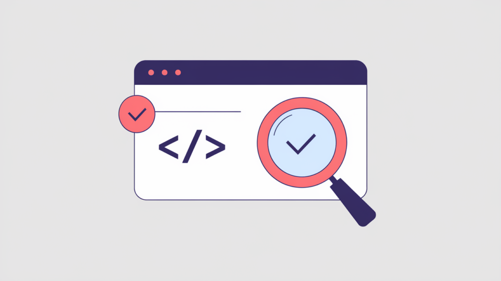 Abstract illustration of a review-card HTML property being detected as present or absent, in RankGear indigo and coral.