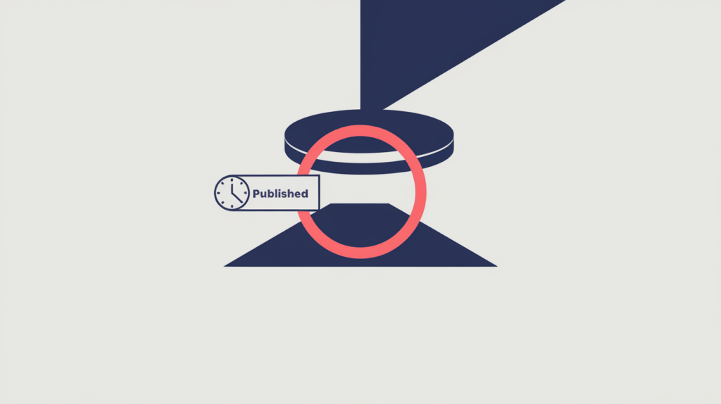 Abstract illustration of a legacy published-date microformat tag being detected in page markup, in RankGear indigo and coral.