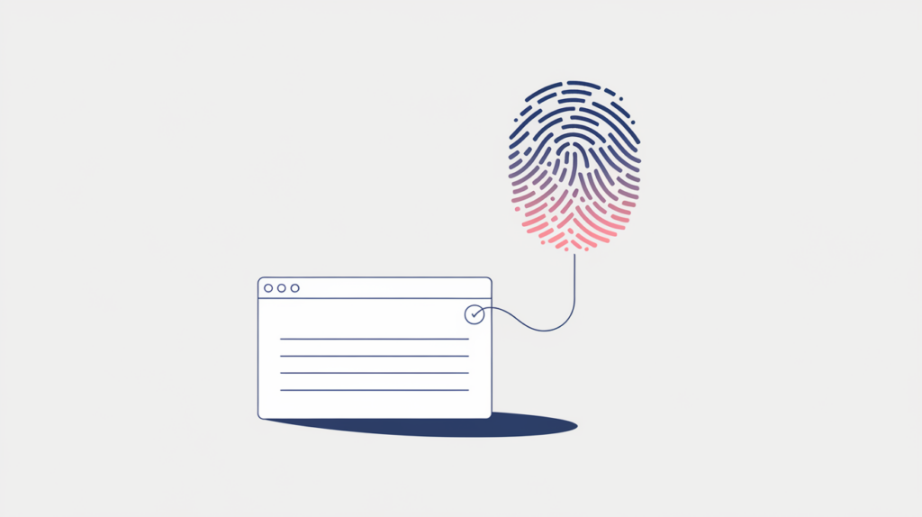 Abstract illustration of a Microformats u-identifier property linking an item to its stable identifier URL, in RankGear indigo and coral.