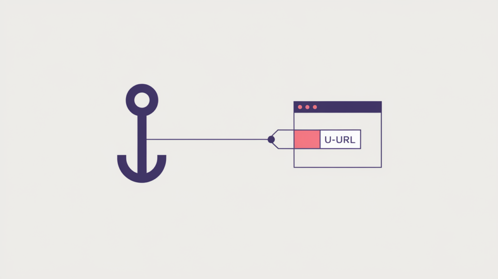 Abstract illustration of a microformat item linked to its canonical u-url property, in RankGear indigo and coral.