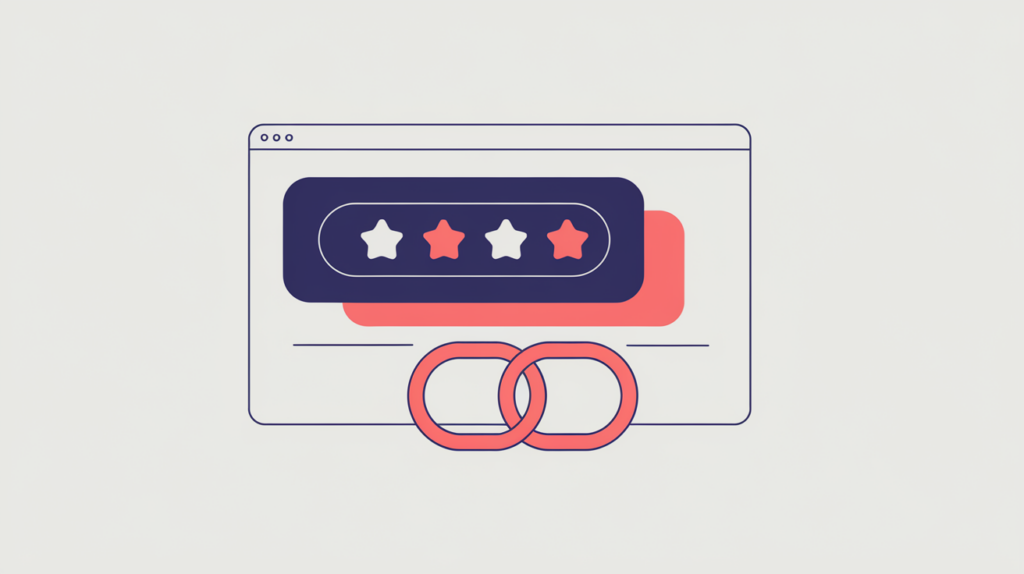 Abstract illustration of an aggregate star-rating badge tagged with a legacy Schema.org type-URI marker on a web page card, in RankGear indigo and coral.