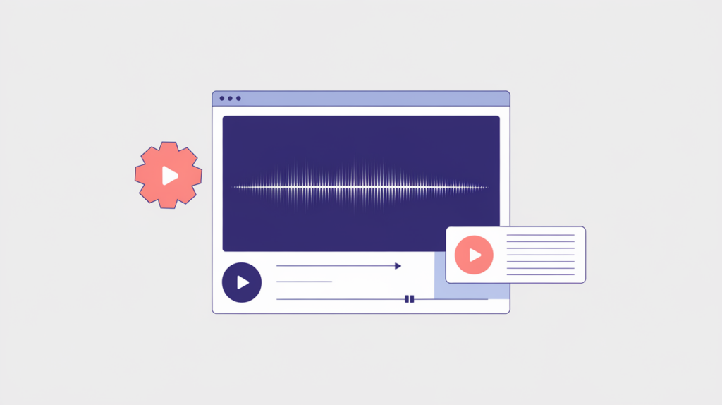 Abstract illustration of an audio file wrapped in a schema data card with a waveform, in RankGear indigo and coral.