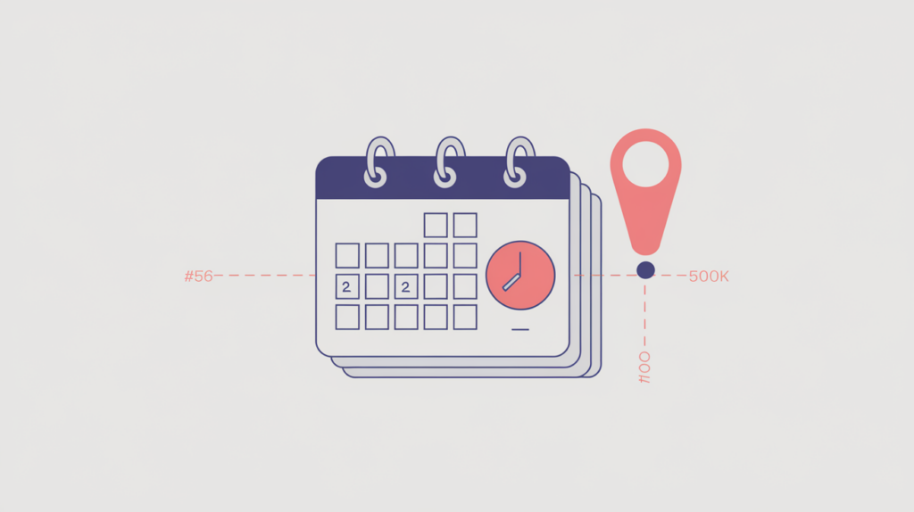 Abstract illustration of a scheduled event card wrapped in a schema markup tag, in RankGear indigo and coral.