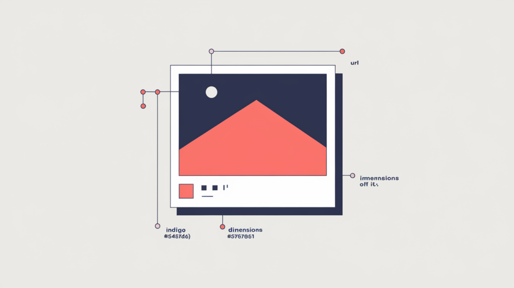 Abstract illustration of a photograph framed by a Schema.org ImageObject data container, in RankGear indigo and coral.