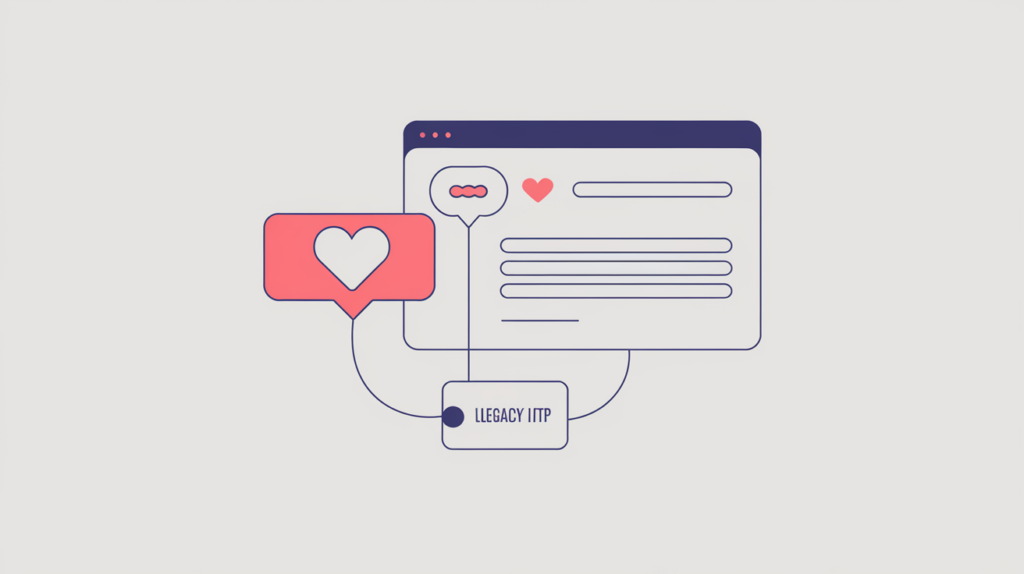 Abstract illustration of an interaction-counter engagement badge tied to a legacy HTTP schema tag rather than a modern secured one, in RankGear indigo and coral.