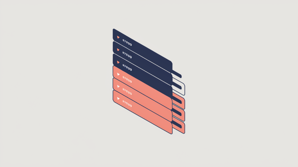 Abstract illustration of an ordered ItemList of numbered cards, in RankGear indigo and coral.