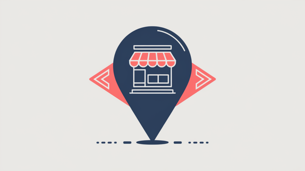Abstract illustration of a local-business location pin fused with a schema markup tag, in RankGear indigo and coral.