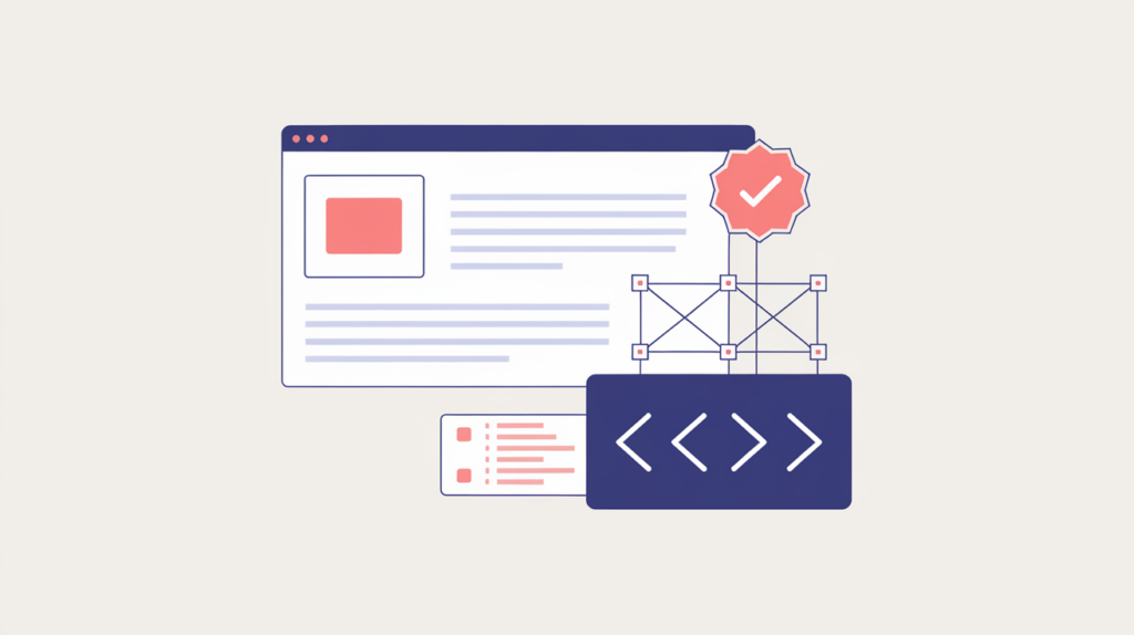 Abstract illustration of structured-data markup nested inside a web page with a detection badge, in RankGear indigo and coral.