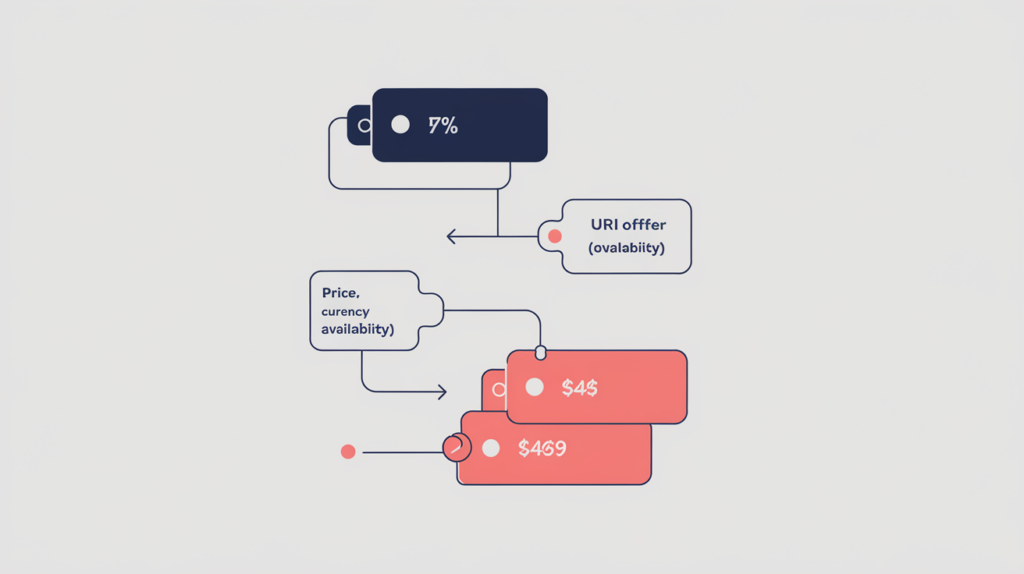 Abstract illustration of a schema Offer type detected by a literal URI match, in RankGear indigo and coral.