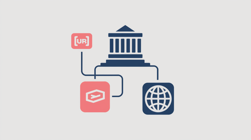 Abstract illustration of Organization schema markup linking a company entity to its logo, URL, and identity nodes, in RankGear indigo and coral.