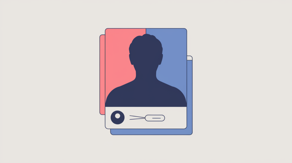 Abstract illustration of a person identity marked up as structured data, in RankGear indigo and coral.