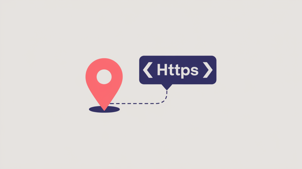 Abstract illustration of a location map pin linked to a Schema.org Place type tag, in RankGear indigo and coral.