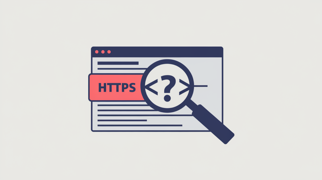 Abstract illustration of a scanner matching a legacy http Schema.org Question URI while a similar https tag is ignored, in RankGear indigo and coral.