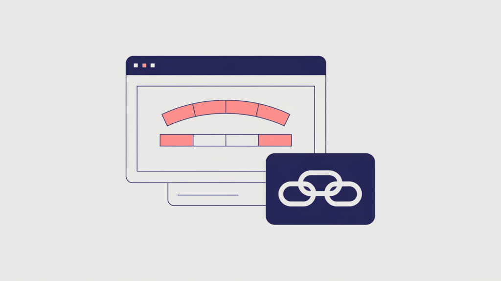 Abstract illustration of a single rating value marked on a scale bar, tagged with a legacy Schema.org type-URI marker on a web page card, in RankGear indigo and coral.