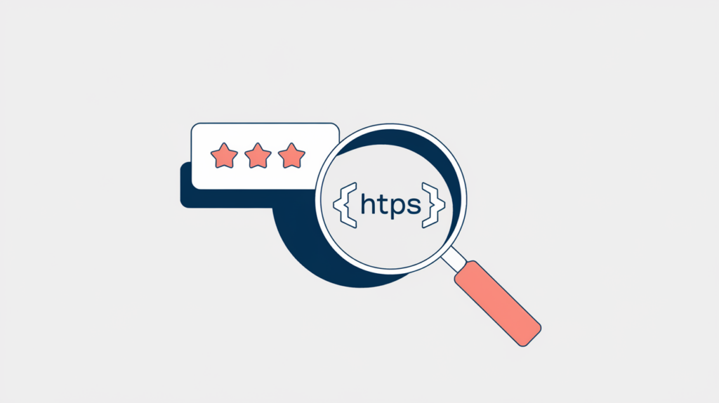 Abstract illustration of a magnifier detecting the Schema.org Review type marker on a star-rating review card, in RankGear indigo and coral.