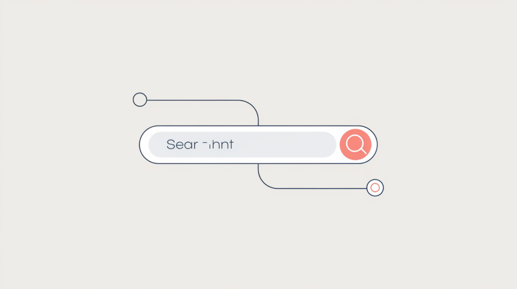 Abstract illustration of a search bar linked to a target endpoint node, representing a SearchAction declaration, in RankGear indigo and coral.