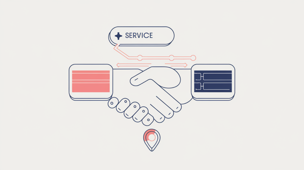 Abstract illustration of a Service connection between a provider and a consumer with a service-area pin, in RankGear indigo and coral.