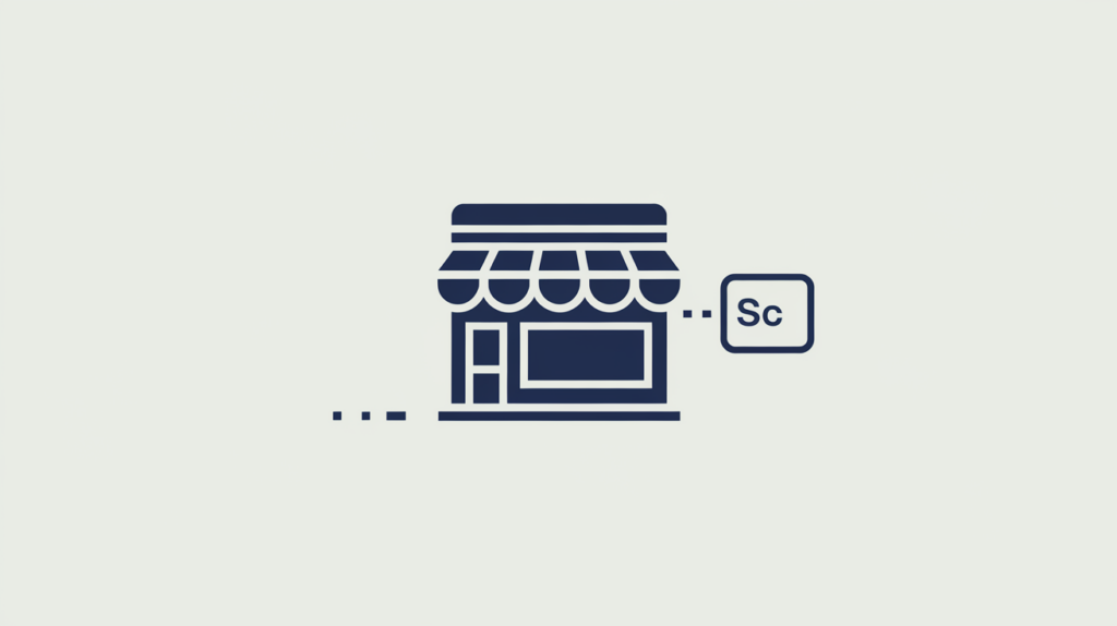Abstract illustration of Store schema markup linking a retail storefront glyph to a structured-data tag node, in RankGear indigo and coral.